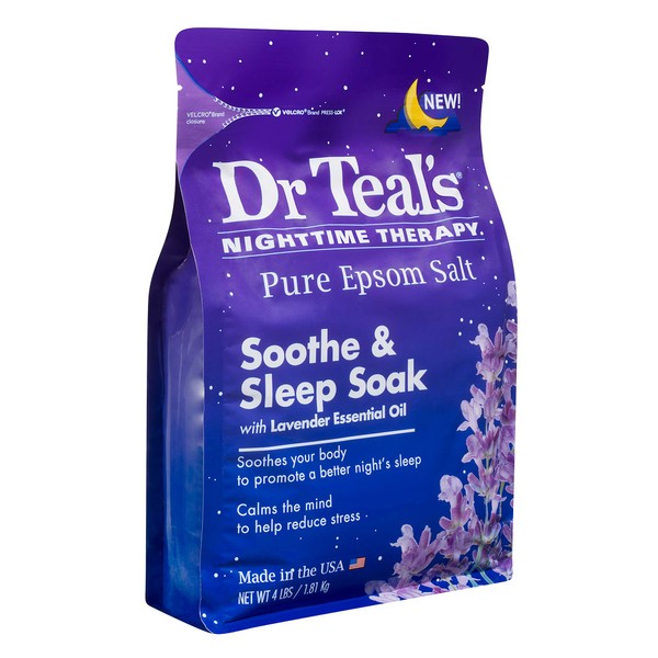 Dr. Teal's Soothe & Sleep Lavender Pure Epsom Salt Soaking Solution (4lb. Bag) - Essential Oils Relax the Mind and Promote a Better Nights Sleep - Relieve Stress & Any Tired, Achy Muscles at Home