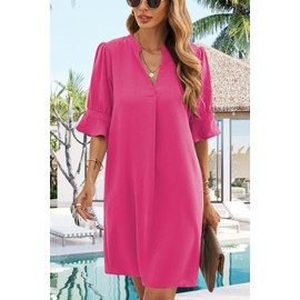 QACOHU Summer Dresses for Women 2025 Breathable V-Neck Ruffle Short Sleeve Wedding Guest Midi Dress Rose Pink XXL