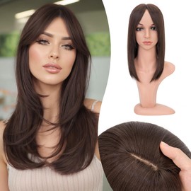 Benehair 14 Inch Hair Toppers for Women 6"x6" Lace Base Clip in Synthetic Hairpieces Wiglets with Bangs Long Straight Hair Topper with Thinning Hair 120g Dark Brown