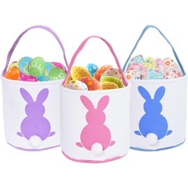 GugnRyAc 3 Pcs Easter Bunny Basket - Canvas Cotton Easter Eggs Basket with Fluffy Tails - Perfect for Girls & Boys Easter Egg Hunts - Easter Baskets for Kids (Pink, Purple, Blue)
