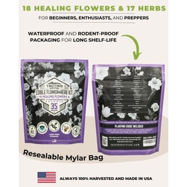 Tactiko Edible Flower & Herb Seeds Kit - 35 Heirloom Non-GMO Open-Pollinated Varieties - High Germination Seeds for Planting - Indoor Outdoor Gardening - Resealable Mylar Bag - USA Grown