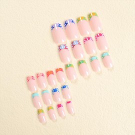 Tyuimhx Colorful French Tip Press on Nails Medium Square Fake Nails With Bubble Pattern Designs Full Cover Stick on Nails Acrylic Reusable Artificial Nails for Women Girls Glue on Nails 24Pcs