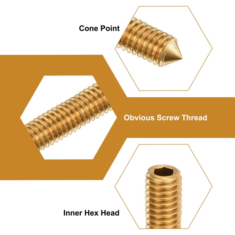 sourcing map 20Pcs Set Screws M4x8mm Brass Cone Point Hex