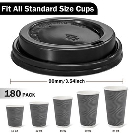 Clawsoff 180 Pack Disposable Coffee Cup lids, 3.54'' Leak-Proof Disposable Plastic Cup Lids for 10, 12, 16, 20oz Paper Cups, Hot/Cold Drinking Cup Lids, Black