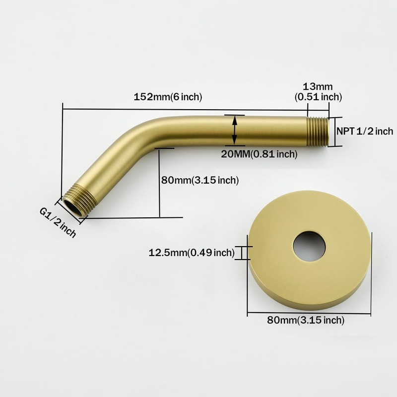 RANDOM Shower Arm with Flange,Gold 6 Inches Wall Mount Angle