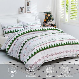 Christmas Duvet Cover Set Queen Size,3PCs Green Snowflake Pattern Striped Bedding Set,Holiday Decor Soft Microfiber Duvet Cover and 2Pillowcases with Zipper Closure for Kids Teens Adults (90"x90")