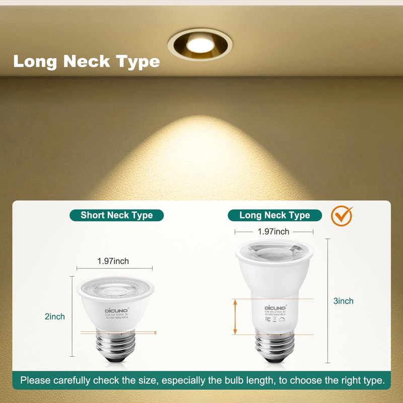 DiCUNO PAR16 LED Bulb Dimmable, 5W Long Neck Spotlight Bulb,