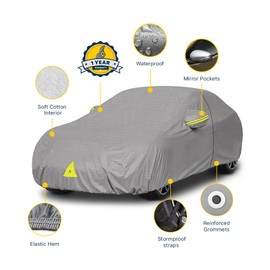 Seal Skin Covers Waterproof Car Cover for Sedan, All Weather UV Protection, Windproof Straps, Dustproof, Soft Cotton Lining, Outdoor Automobile Cover with Mirror Pockets(177" L X 59" H)