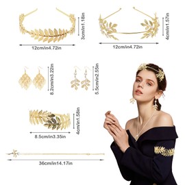 Coriver Greek Goddess Costume Jewellery Set, 6 Pieces Greek Goddess Costume, Roman Laurel Leaves Tiara Gold, Cuff Bracelets Earrings, Women's Wedding Bridal Toga Party, Alloy Steel, No