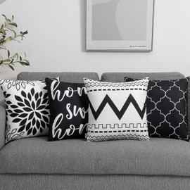 Set of 4 Luxton Black Cushion Covers, Flannel Soft Abstract Floral Square Cushion Cover Set 45x45cm (Black)