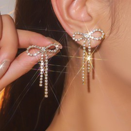 Sparkly Bow Earrings for Women Trendy Ribbon Bow Drop Earring Silver Stainless Steel Dangle Earrings Cute Sparkly Jewelry