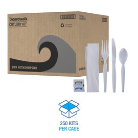 Boardwalk Six-Piece Cutlery Kit, Condiment/Fork/Knife/Napkin/Spoon, Heavyweight, White, 250/Carton