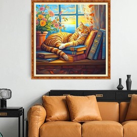 DMCXART Counted Cross Stitch Kits for Adults Needlepoint Kits Unprinted Cross Stitching Embroidery Kit 11CT Cross Stitch Supplies-Cat Sleeping in on The windowsill 18x18 inch