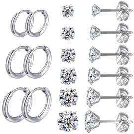 FANCH Silver Earrings for Women Men Earrings Set Surgical Steel 14K Gold Plated Hypoallergenic Cubic Zirconia Stud Earrings 3-8mm Small Sleeper Huggie Lightweight Cartilage Hoop Earrings Silver