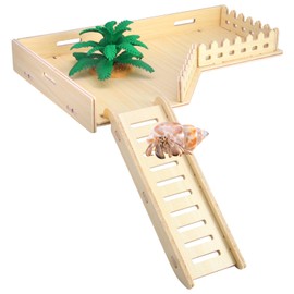 Hermit Crab L-Shaped Climbing Platform with Ladder - Hermit Crab Habitat Accessories, Reptile and Hamster Activity Platform (Wooden)