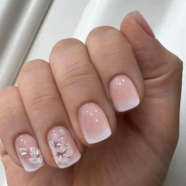 Press on Nails Short Acrylic Fake Nails with Flowers Design Full Cover False Nails IKISKT Glossy Nude Glue on Nails Artificial Stick on Nails for Women & Girl 24Pcs/kit