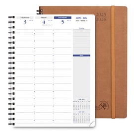POPRUN 2025-2026 Academic Agenda Spiral Bound, 8.5'' x 11.25'' Weekly Planner (July 2025-June 2026) Quarter-Hourly Appointment Book, Leather Cover, Monthly Tabs, 2 Inner Pockets - Brown