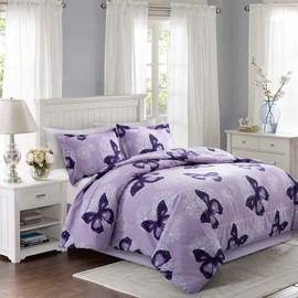 ARTALL Lightweight Microfiber 3 Piece Comforter Set with 2 Shams, Butterfly Pattern Bedding Set, King, Purple