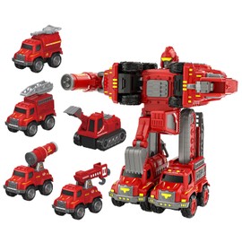 Funny Boo Fire Truck Toys Set 5 in 1 DIY Action Figure Transforming Robots Set Toddler Metal Pull Back Cars Toys, Christmas/Birthday Gift for Boys