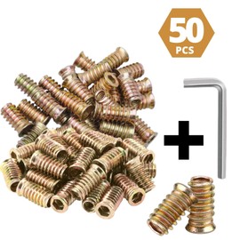 Performore - 50 Pieces Threaded Wood Inserts, 1/4"-20 x 15mm Furniture Screws in Nut Threaded Inserts with Hex Socket, Zinc Plated - for Wooden Furnitures, Products, & Model, One Allen Wrench Included
