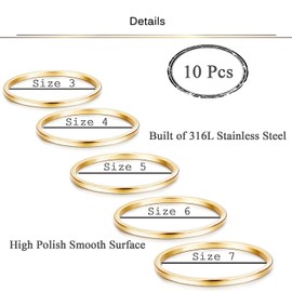 YADOCA Pack of 10 Stainless Steel Rings Stacking for Women Girls 1 mm Ankle Ring Midi Band Comfort Fit, Stainless Steel, No Gemstone