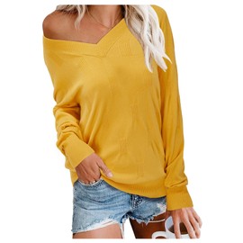 Arach&Cloz Women's Spring Tops Fashion Trendy 2025 V Neck Long Sleeve Shirts Blouse Pullover Knitted Casual Clothes Outfits Ladies Sweater Clothing(Yellow, M)