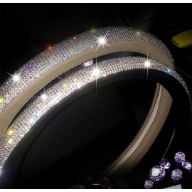 Bling Diamond Beige Leather Steering Wheel Cover Sparkly Crystal Glitter Rhinestones Car Wheel Protector for Women Girl fit Suvs,Vans,Sedans,Car,Trucks, 14.5-15in