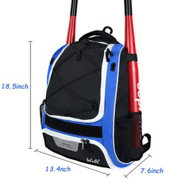 WOLT Mochila para bate de béisbol juvenil, bolsa para béisbol, sóftbol y equipo y equipo de T-ball, jóvenes y adultos, con soporte para murciélago, casco, guante, compartimento para zapatos y gancho para valla (azul)