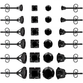 Black Earrings for Men: LUCKYPADS Cubic Zirconia Earrings Studs 12 Pairs Black Diamond Stud Earrings Small Stud Earrings for Women Hypoallergenic Earrings Multipack for Boys