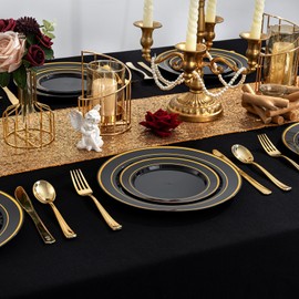 Sykomo 100Pcs Black Plastic Dessert Plates, Disposable Salad Plate with Gold Rim, Premium Hard Fancy Small Plates, Heavy Duty Plastic Cakes Plates for Party, Wedding and Birthday