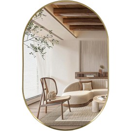 JENBELY Gold Oval Mirror, 17"x30" Oval Bathroom Mirror, Vanity Mirror with Brushed Metal Frame, Wall Mount Mirrors Decor for Bathroom, Bedroom, Entryway, Living Room