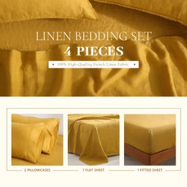 TRITON LINEN Linen Sheets Set Queen Size-100% French Flax Bed Sheets 4PCS, 16'' Deep Pocket Natural Washed Soft Breathable and Durable- 1 Flat Sheet 1 Fitted Sheet 2 Pillowcases (Yellow, Queen)
