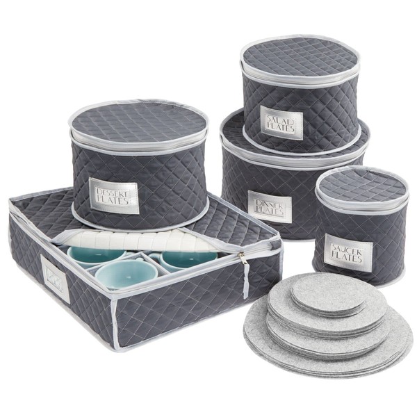 mDesign Set of 4 Quilted Plate Storage Boxes – Round Crockery Storage Box Set for 12-Person Dinner Services – China Cupboard Organiser withFelt Protection – Navy Blue/Grey
