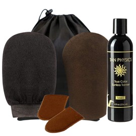Tan Physics Sunless Tanner – 6pc Tanning Kit with Face & Body Mitts, Exfoliation Mitt & Travel Bag – Self Tanning Lotion for Face & Body – Instant, Streak-Free Glow for a Natural-Looking Tan