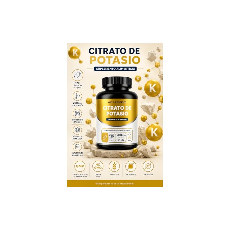 Citrato De Potasio Puro Well Rounded 120 Cápsulas, Suplemento Mineral,