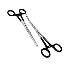 Set of 2 Assorted Color PVC Grip Handle German Stainless Straight & Curved Hemostat Forceps Pliers Full Serrated 8" (Black Grip)