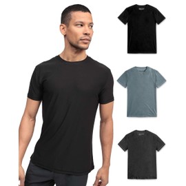 INTO THE AM 3 Pack Athletic Workout Shirts for Men Fitted Gym Sports Running Fitness Dry Fit Plain Tees Multipack (Black/Charcoal/Indigo, Large)