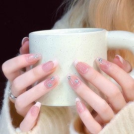 Pure Handmade Nails Press on Nail Reusable Fake Nails White Rhinestones Bling Bling Nude Medium Stick on Nails French Tip False Nails 10pcs (XS, Q178)