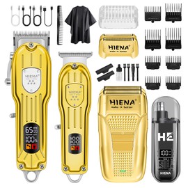 HIENA PRO Professional Hair Clipper Set, Rechargeable Cordless Barber Kit and Hair Cutting Set, Electric Foil Shavers and Beard Trimmers, Ear, Nose Hair Trimmer Set & Facial Grooming Tool (Gold)