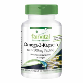 Fairvital Omega-3 capsules made from 500 mg fish oil, high dose, 90 softgels, with EPA and DHA