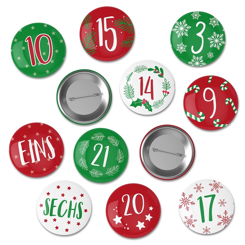 Papierdrachen 24 Advent Calendar Numbers on Buttons - Lapel Pins