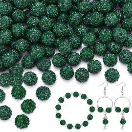 100 pcs 10mm Rhinestone Beads for Jewelry Making, Dark Green Shiny Round Shamballa Disco Beads Bulk, Sparkle Crystal Clay Christmas Beads for Bracelet Necklace Earring Crafting and DIY Decoration