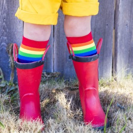 juDanzy Tall Knee High Rainbow Socks with Grips for Baby, Toddler, and Child, Classic Rainbow Stripes, 10-15 Years