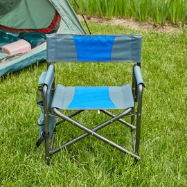 Udorich Padded Folding Outdoor Chair with Storage Pockets, Lightweight Oversized Directors Chair for Camping and Picnics, Blue/Grey
