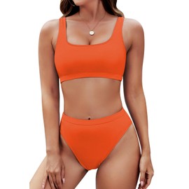 Pink Queen Women's Crop Top Bikini Set 2-Piece High Waist Cut Push Up Padded, orange