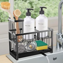 Sinnsally Sponge Holder for Kitchen Sink Organizer Caddy,2 Tier Dish Brush Scrubber Holder,Stainless Steel Sink Box Utensil Holder with Stand,Soap Dispenser Set Tray Counter Accessories & Storage Rack