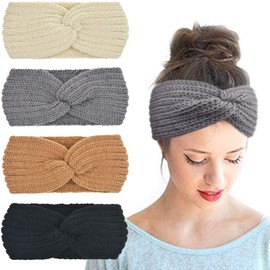 DRESHOW 4 Pack Crochet Knit Turban Headband Warm Bulky Crocheted Head Wrap Headband Ear Warmer for Women