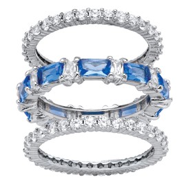 Palm Beach Jewelry Juego de 3 anillos de eternidad chapados en platino con zafiro azul simulado y circonita cúbica baguette apilables azul