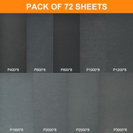 URAQT 72 Piece Sandpaper Set, 150-3000 Grit Sandpaper, Wet and Dry Sandpaper, for Woodworking, Crafts, Finishing Metal Grinding, Home Decoration, Car Polishing, 23 x 9 cm