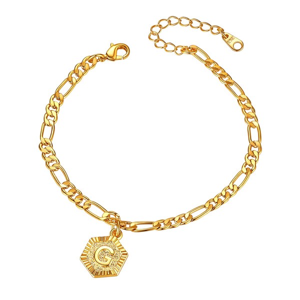 FOCALOOK 14K Gold Plated Initial Anklet Adjustable Flat Figaro Foot